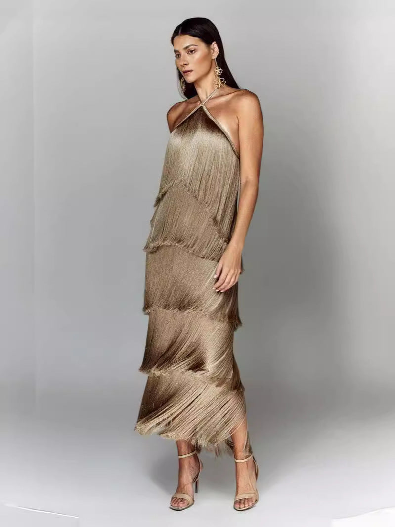 GY25044 Fashion Neck Hanging Tassel Backless Dress