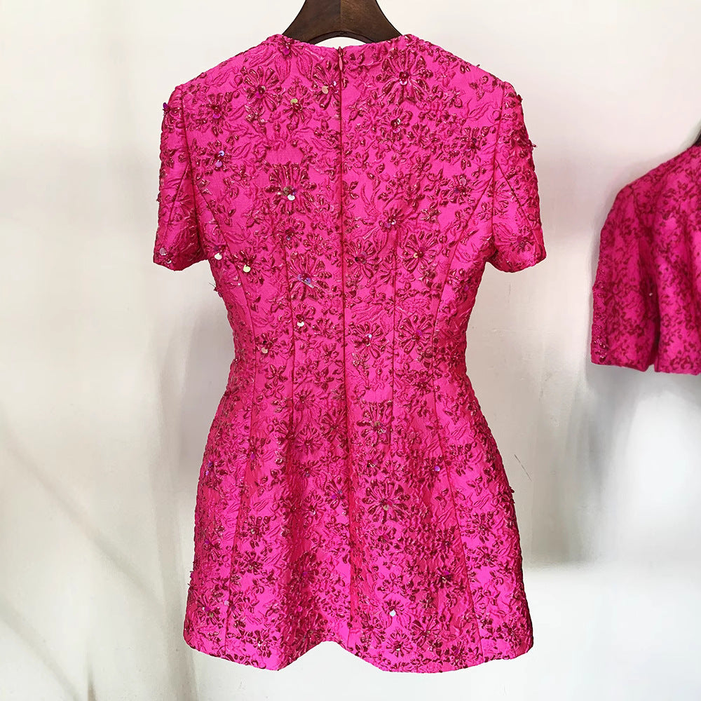 High Street Fashion 2026 High-End Designer Personalized Rose Pink Series Jacquard Heavy Beading Short-Sleeve Dress